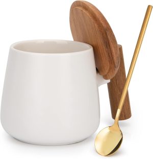 Ceramic Coffee Mug,Tea Cup for Office and Home,14 Oz Coffee Cup with Lid and Coffee Spoon, Christmas, Valentines Day, Birthday Gifts for Women and Men, 1 Pack (White)