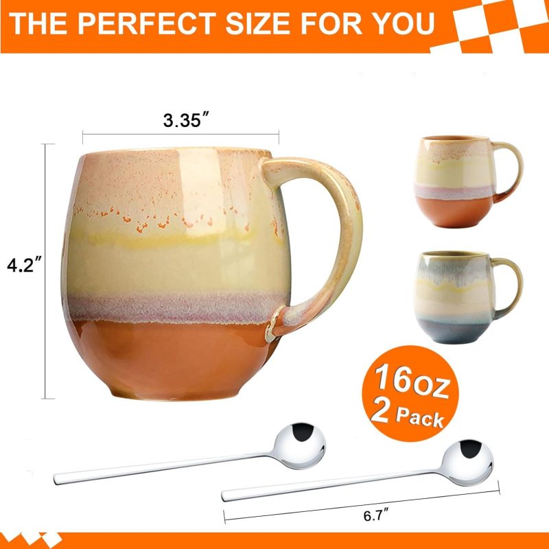 16oz Ceramic Coffee Mugs for Men/Women - Set of 2 with Spoons, Great for Soup, Cocoa, Office, Home, Engagement Gifts - Image 2