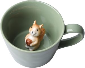 Squirrel Ceramic Cup Hidden 3D Animal Inside Mug,Cute Cartoon Handmade Figurine Mugs,Holiday and Birthday Gift for Coffee Milk Tea Lovers,12 OZ(Light Green)