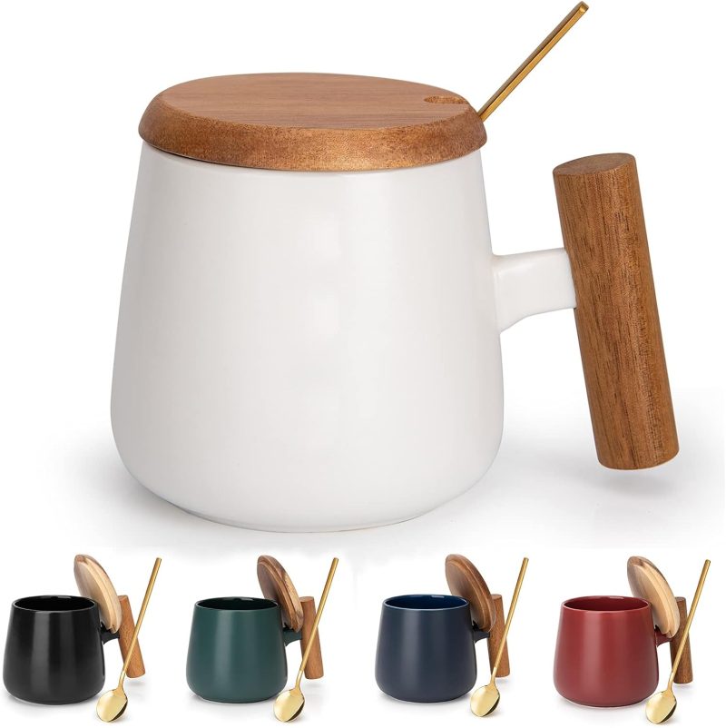 Ceramic Coffee Mug,Tea Cup for Office and Home,14 Oz Coffee Cup with Lid and Coffee Spoon, Christmas, Valentines Day, Birthday Gifts for Women and Men, 1 Pack (White) - Image 2