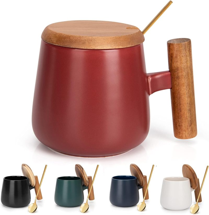 14 Oz Ceramic Coffee Mug with Lid and Coffee Spoon for Latte,Cappuccino Mug, Cocoa Mug, Tea Mug, Valentines Day, Christmas, Birthday Gifts for Women, 1 Pack (Matte Red) - Image 2