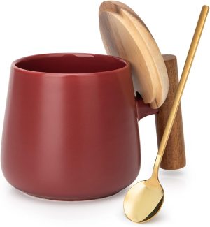 14 Oz Ceramic Coffee Mug with Lid and Coffee Spoon for Latte,Cappuccino Mug, Cocoa Mug, Tea Mug, Valentines Day, Christmas, Birthday Gifts for Women, 1 Pack (Matte Red)