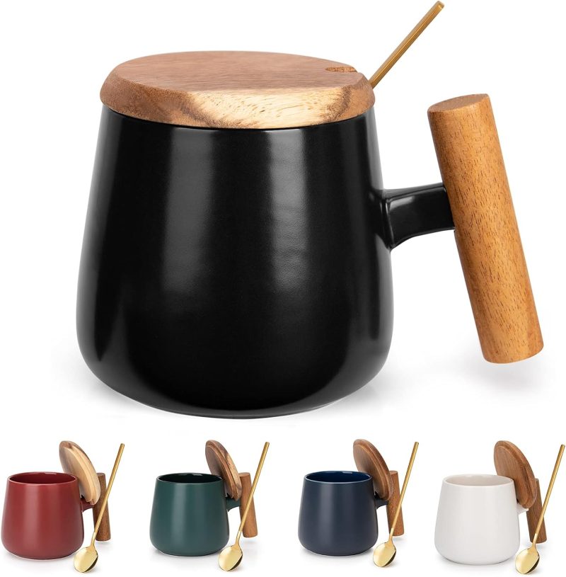 Ceramic 14 Oz Coffee Mug, Tea Cup for Office and Home, Coffee Cup with Lid and Spoon, Christmas, Birthday Gifts, House Warming Presents for New Home, 1 Pack (Black) - Image 2