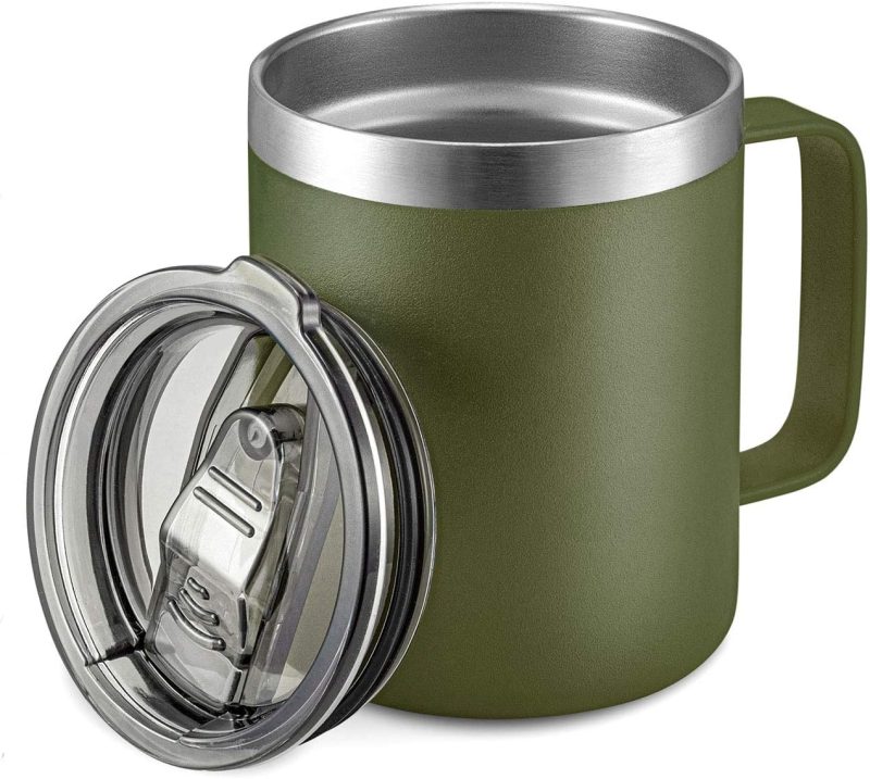 12oz Stainless Steel Insulated Coffee Mug with Handle, Double Wall Vacuum Travel Mug, Tumbler Cup with Sliding Lid, Army Green