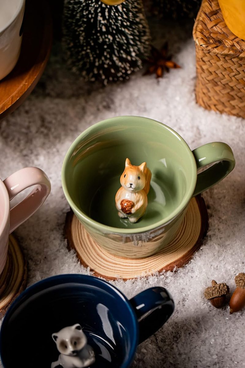 Squirrel Ceramic Cup Hidden 3D Animal Inside Mug,Cute Cartoon Handmade Figurine Mugs,Holiday and Birthday Gift for Coffee Milk Tea Lovers,12 OZ(Light Green) - Image 2