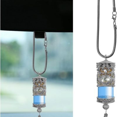 Hanging Car Air Freshener Diffuser, Refillable Essential Oils Empty Perfume Bottle, Alloy Car Aromatherapy Fragrance Perfume Pendant Bottle, Universal Car Interior Ornaments Decor (Silver)