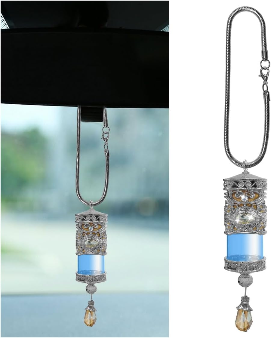 Hanging Car Air Freshener Diffuser, Refillable Essential Oils Empty Perfume Bottle, Alloy Car Aromatherapy Fragrance Perfume Pendant Bottle, Universal Car Interior Ornaments Decor (Silver)