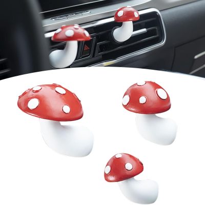 3 PCS Mushroom Car Air Conditioner Vent Ornament, Creative Funny Small Fresh Style Resin Aromatherapy, Clip-on Mounting Retrofit Accessory, Suitable for Most Cars (Red)