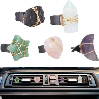 5Pcs Star Heart Gemstone Car Vent Clips Natural Stone Car Air Vent Clip Quartz Crystals Cars Vents Clips Moon Stones Car-Accessories with Copper Wire for Cars Air Vents Accessory - 5 Style