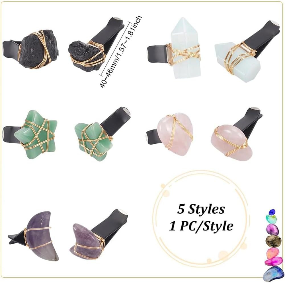 5Pcs Star Heart Gemstone Car Vent Clips Natural Stone Car Air Vent Clip Quartz Crystals Cars Vents Clips Moon Stones Car-Accessories with Copper Wire for Cars Air Vents Accessory - 5 Style