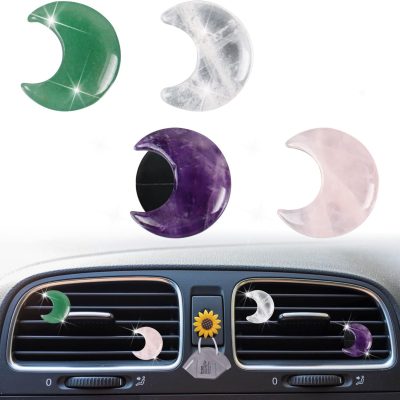 Crystal Moon Air Vent Clips, 4 Pcs Quartz Moon Style Car Air Fresheners, Cute Car Decoration & Interior Decor Accessories for Women & Men + Cute Sunflower Mask Hook