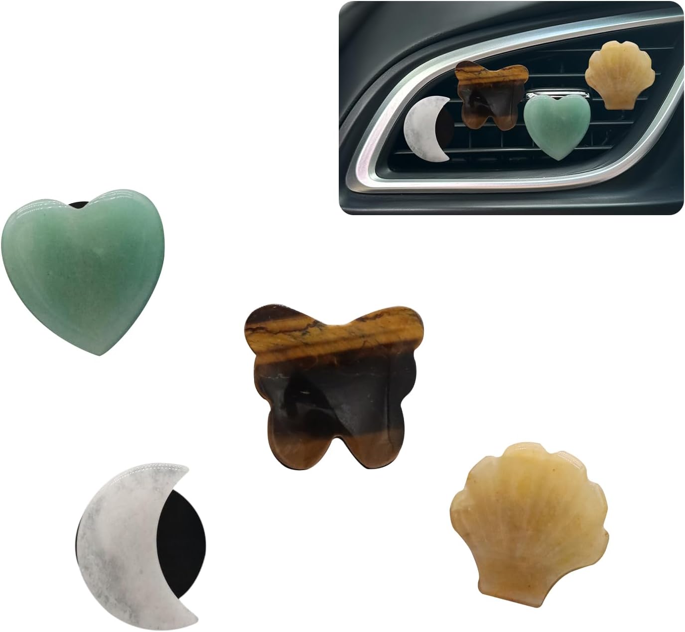 Boho Car Decor,4pcs Natural Stone Car Air Fresehenr Vent Clips,Moon Seashell Heart Butterfly Crystal Dashboads Accessories for Women,Best Wishes for Lover Friends