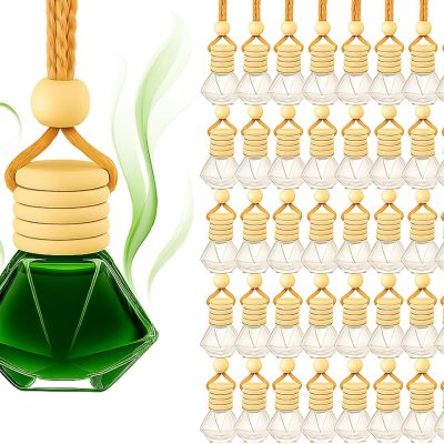 50 Pcs 8ml Hanging Car Air Freshener Diffuser,Clear Glass Car Diffuser Bottles Empty Bulk for Essential Oil Fragrance Perfume,Refillable Pendant Glass Vial with Wooden Cap Hanging String,Diamond Style
