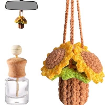 Crochet Car Air Freshener Empty Refillable Diffuser Bottle with Cute Potted Plants Car Mirror Hanging Accessories Long Lasting Air Hanging Fragrance Oil Diffuser sunflower