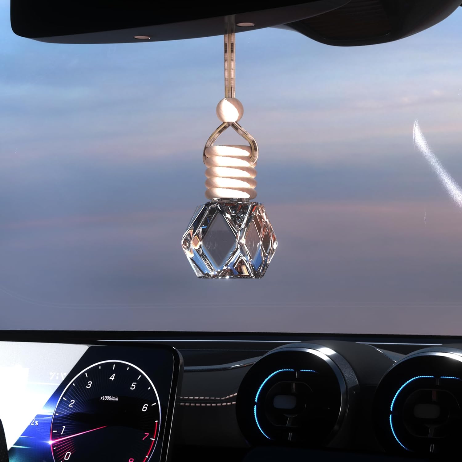 5PCS Hanging Car Air Freshener, Auto Interior Decoration 8 ml Oil Diffuser Perfume Aromatherapy Pendant Empty Glass Bottle, Fragrance Ornament with Vent Clip Wooden Cap and Rope (5, Rhombic)
