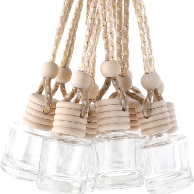 20Pcs Hanging Car Freshener Empty Clear Glass Essential Oil Car Diffuser, Aromatherapy Fragrance Perfume Diffuser Bottle Pendant with Wooden Caps & Hanging String(8ML)