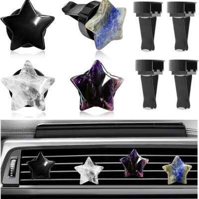 4PCS Star Crystal Car Vent Clips, Quartz Crystal Star Shape Air Freshener Vent Clip with Aroma Tablet, Gemstone Star Lovely Auto Air Outlet Clip Charm Decor for Girl Women