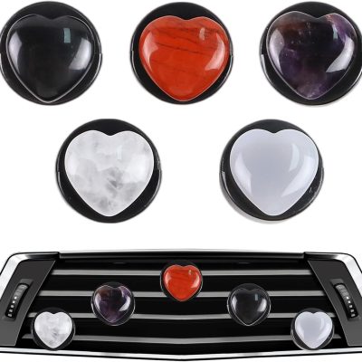 Crystal Car Vent Clips Accessories - 5Pcs Colorful Heart Natural Quartz Stone Air Fresheners Dashboard Decorations, Cute Cars Interior Decoration for Women Gift