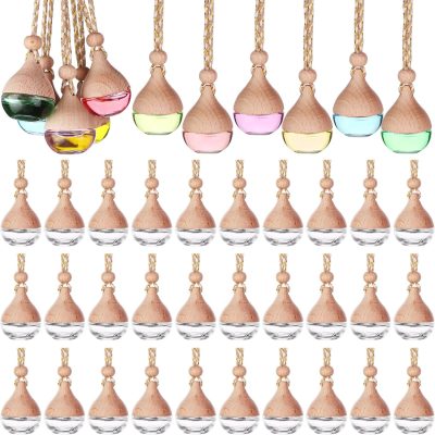 60 Pcs Hanging Car Air Freshener Car Diffuser Bottle Empty Glass Perfume Bottles Air Freshener Diffuser Bottle Pendant for Essential Oils Fragrance Aromatherapy Ornament Decor (Water Drop)