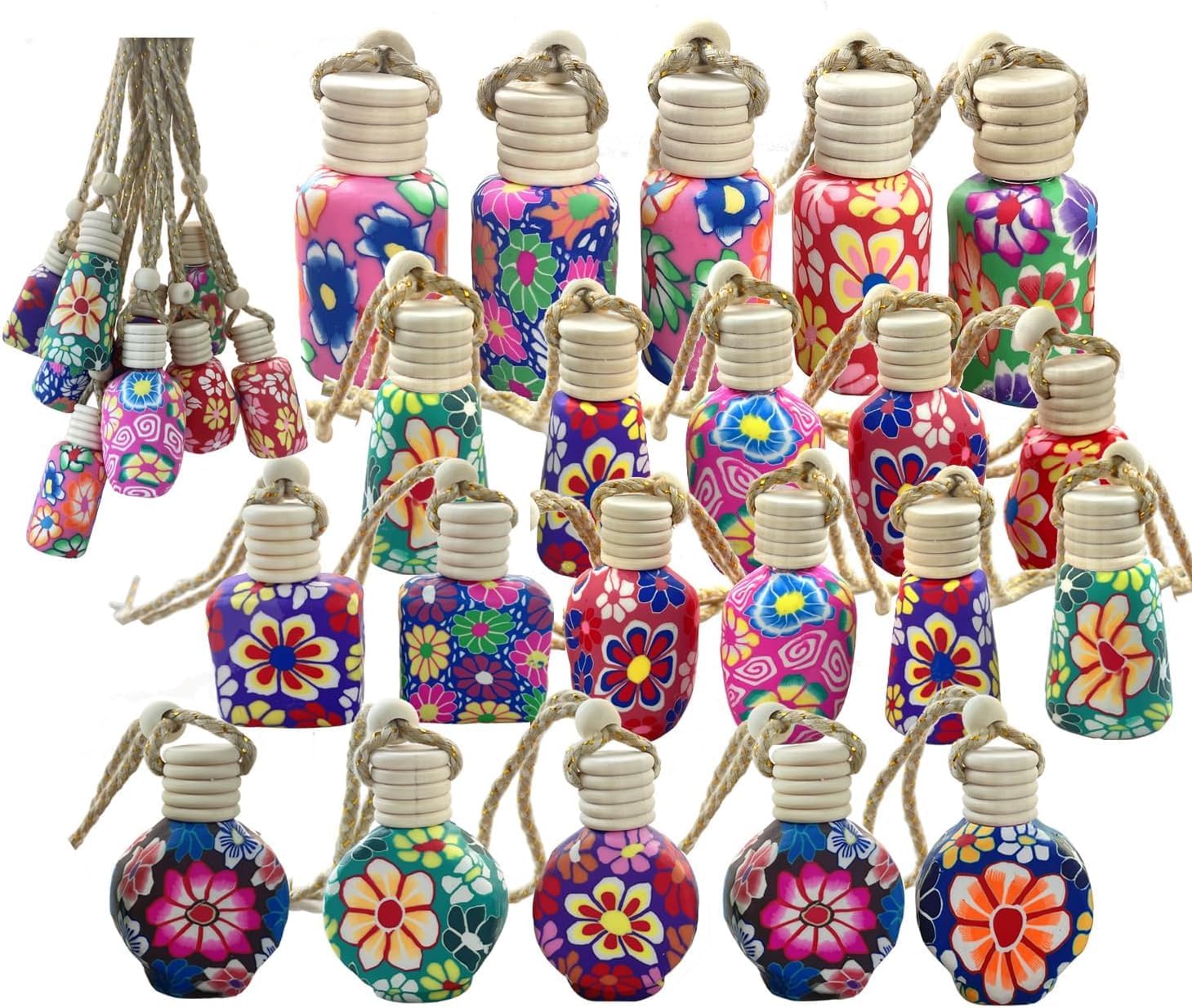 20Pcs 15ml Glass Car Diffuser Bottles Empty Bulk,Hanging Car Diffusers for Essential Oils,Refillable Car Air Freshener for Fragrance Perfume Aromatherapy with Flowers Women Home Decor,Color Random