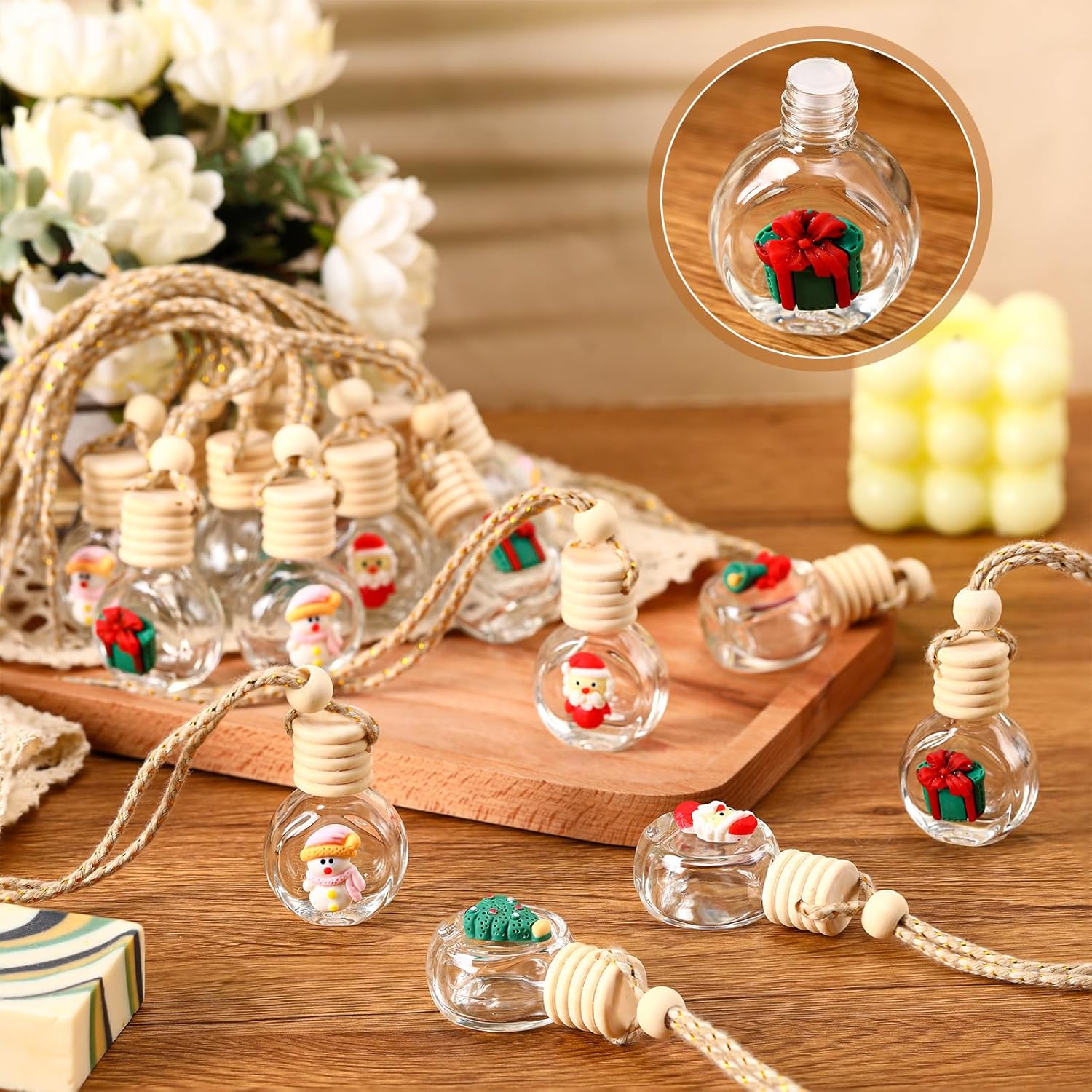 50 Pcs Hanging Car Air Freshener Car Diffuser Bottles Christmas Empty Glass Perfume Bottle Freshener Clear Diffuser Bottle Pendant for Essential Oil Fragrance Aromatherapy Bottles Ornament