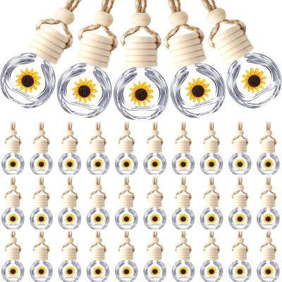 50 Pcs Hanging Car Air Freshener Car Diffuser Bottles Empty Glass Perfume Bottle Freshener Diffuser Bottle Pendant for Essential Oil Fragrance Aromatherapy Bottle Ornament(Clear,Sunflower)