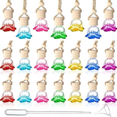 20 Pcs Car Essential Oil Diffuser Hanging Bottle Air Freshener Car Perfume Diffuser Empty Glass Bottle Refillable Aromatherapy Fragrance Bottle Pendant Auto Interior Ornament (Rose Style)